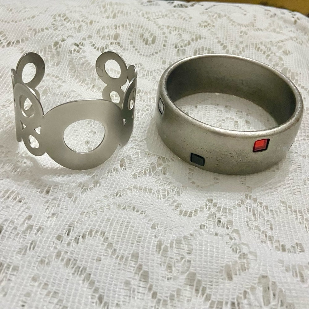 Lot of 2 Vintage Chunky Silver Tone with Rhinestones and Circular Cuff Bangle