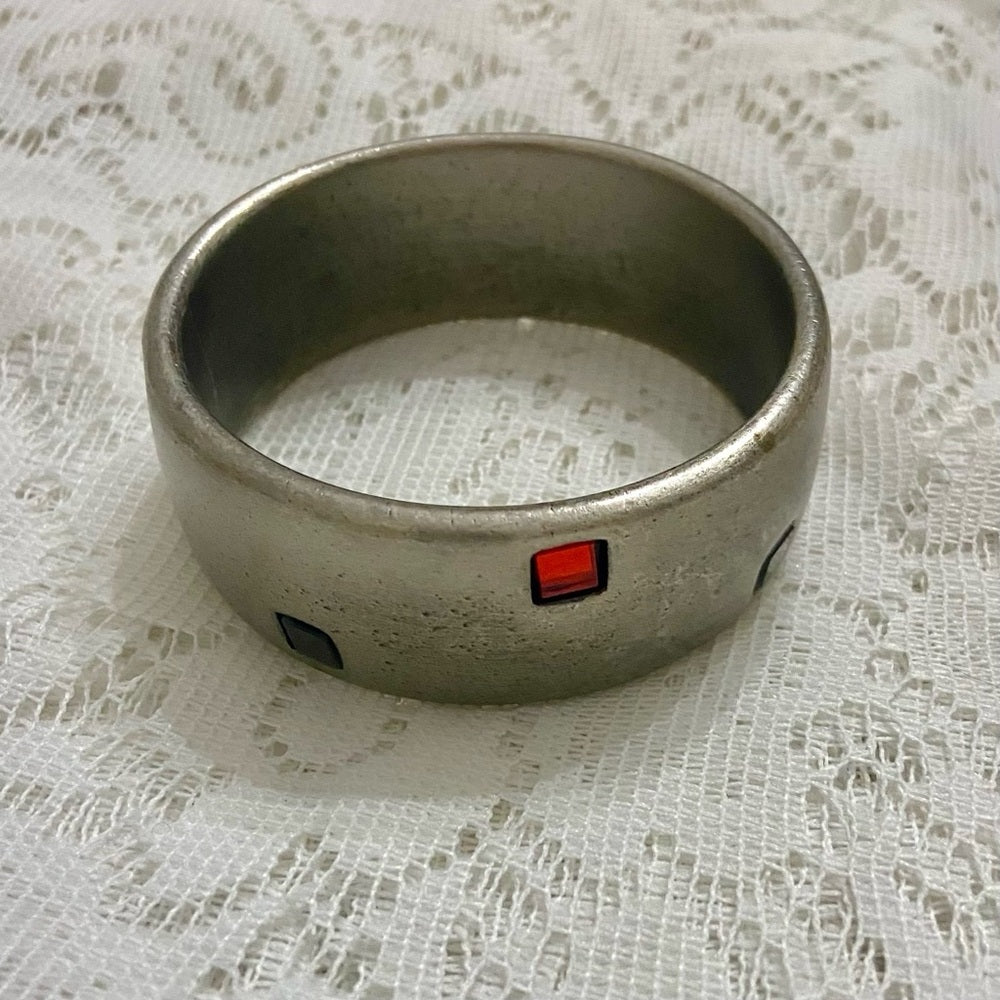 Lot of 2 Vintage Chunky Silver Tone with Rhinestones and Circular Cuff Bangle