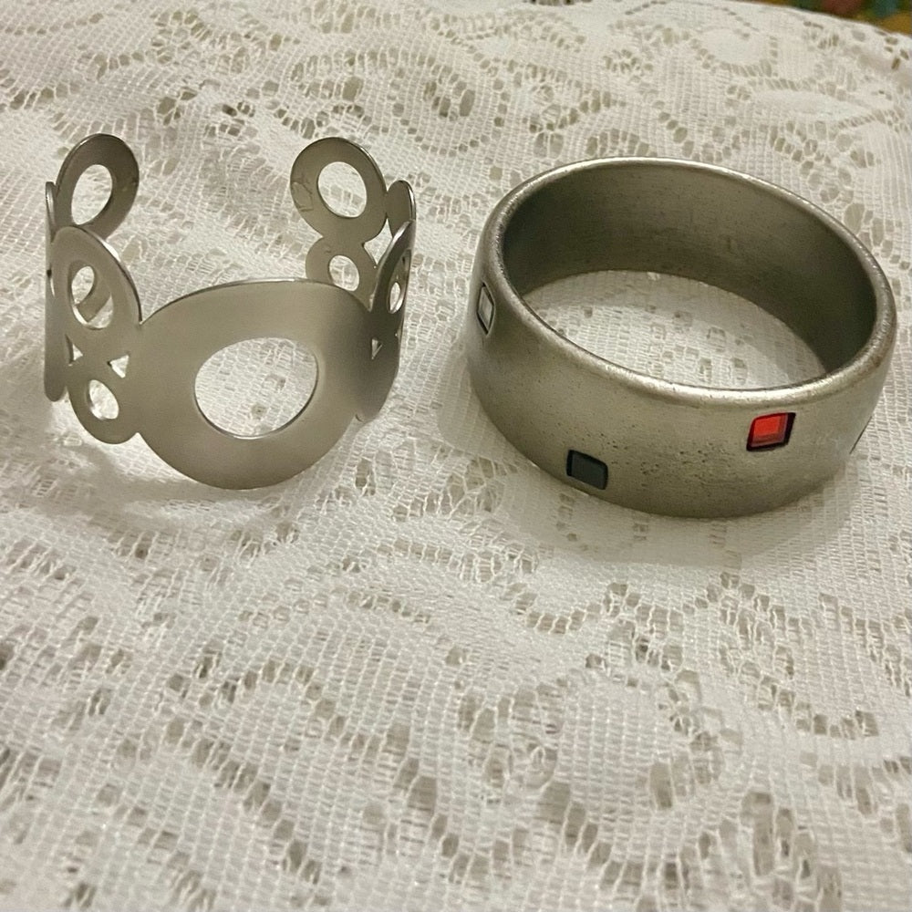 Lot of 2 Vintage Chunky Silver Tone with Rhinestones and Circular Cuff Bangle