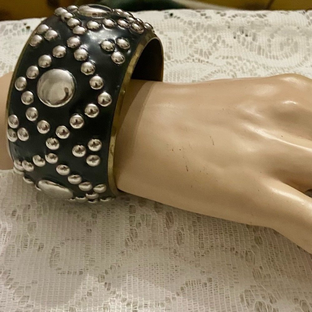 Lot of 2 Vintage Chunky Black and Gold Dotted Bangle and Silver Hinged Bracelet