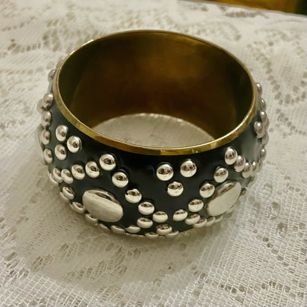 Lot of 2 Vintage Chunky Black and Gold Dotted Bangle and Silver Hinged Bracelet