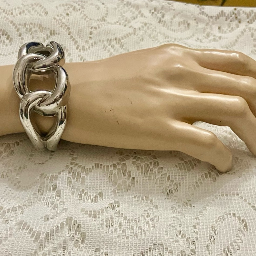 Lot of 2 Vintage Chunky Black and Gold Dotted Bangle and Silver Hinged Bracelet