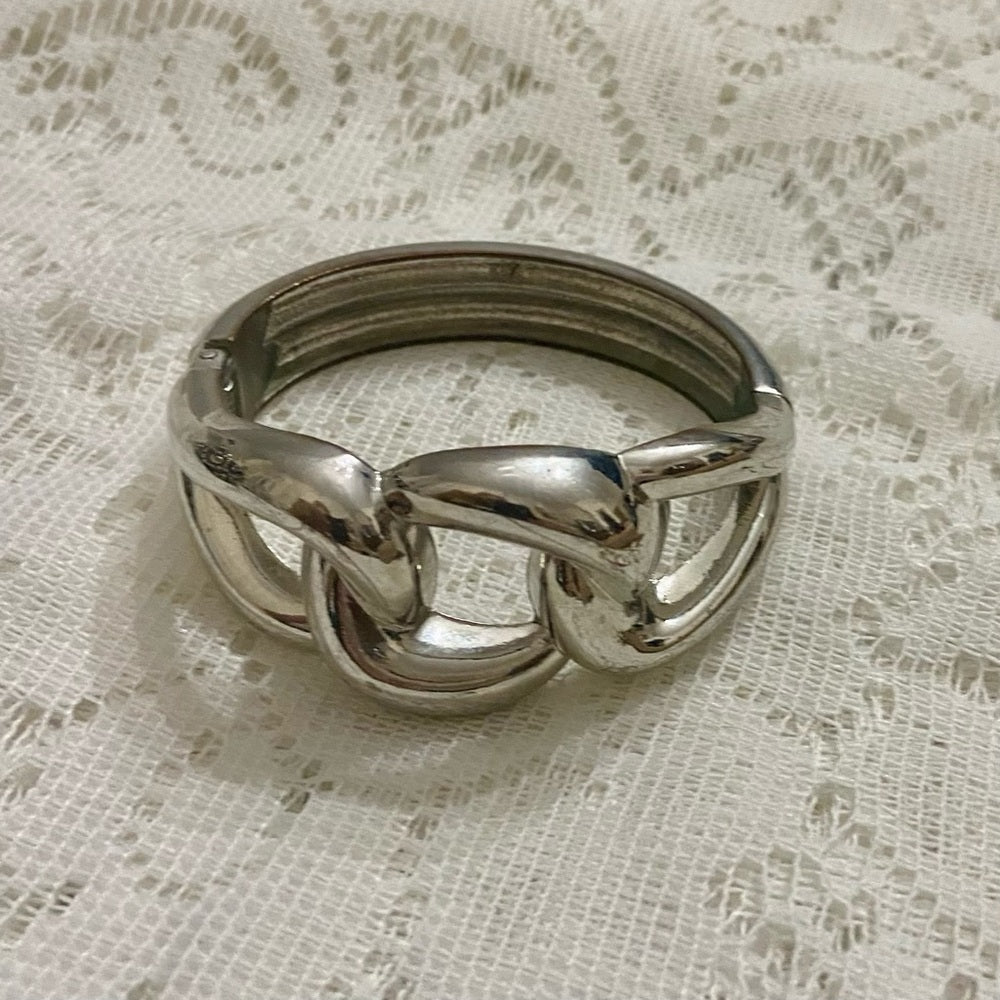 Lot of 2 Vintage Chunky Black and Gold Dotted Bangle and Silver Hinged Bracelet