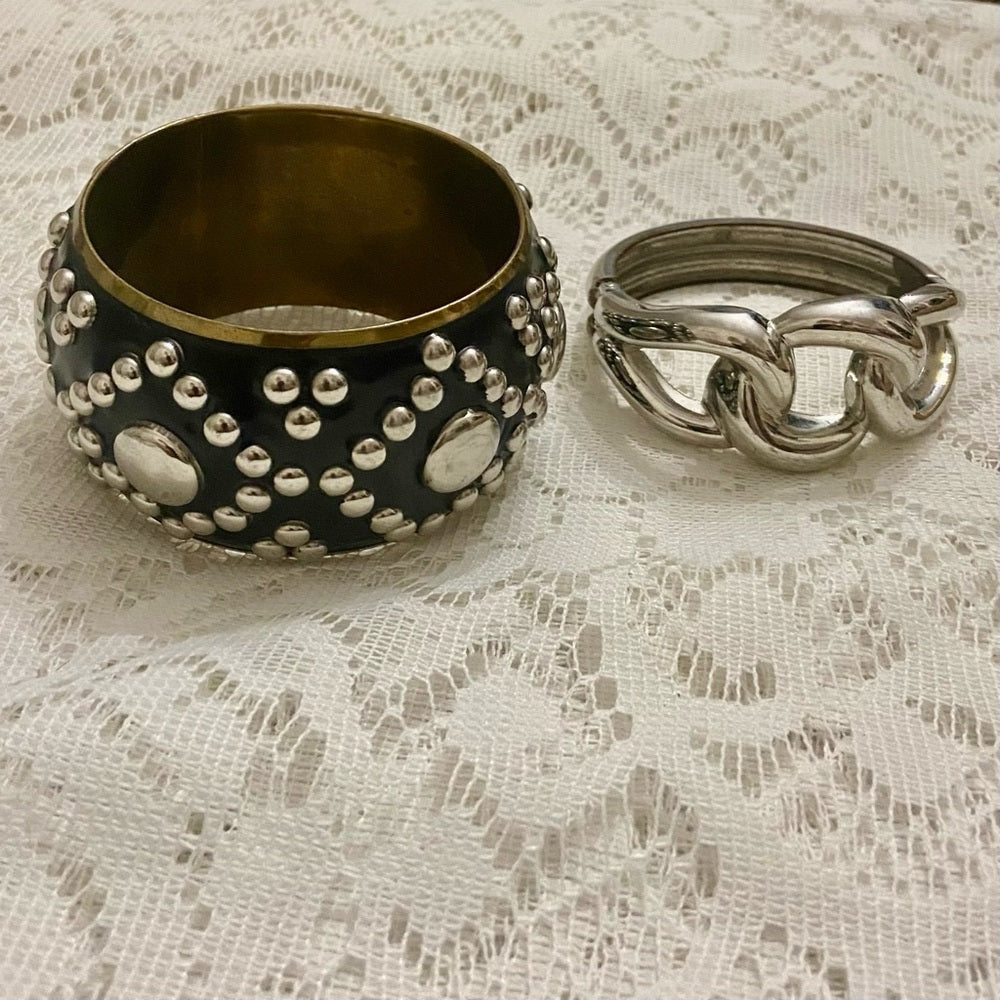 Lot of 2 Vintage Chunky Black and Gold Dotted Bangle and Silver Hinged Bracelet