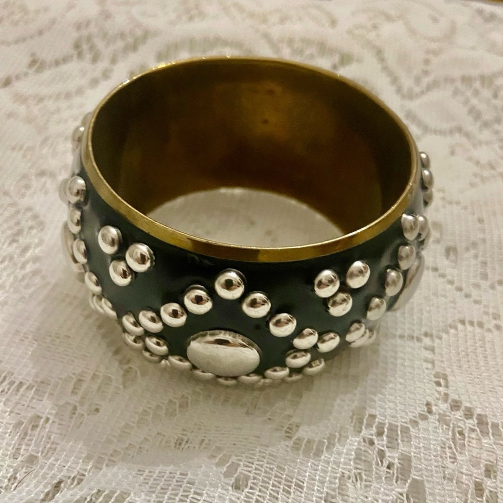 Lot of 2 Vintage Chunky Black and Gold Dotted Bangle and Silver Hinged Bracelet