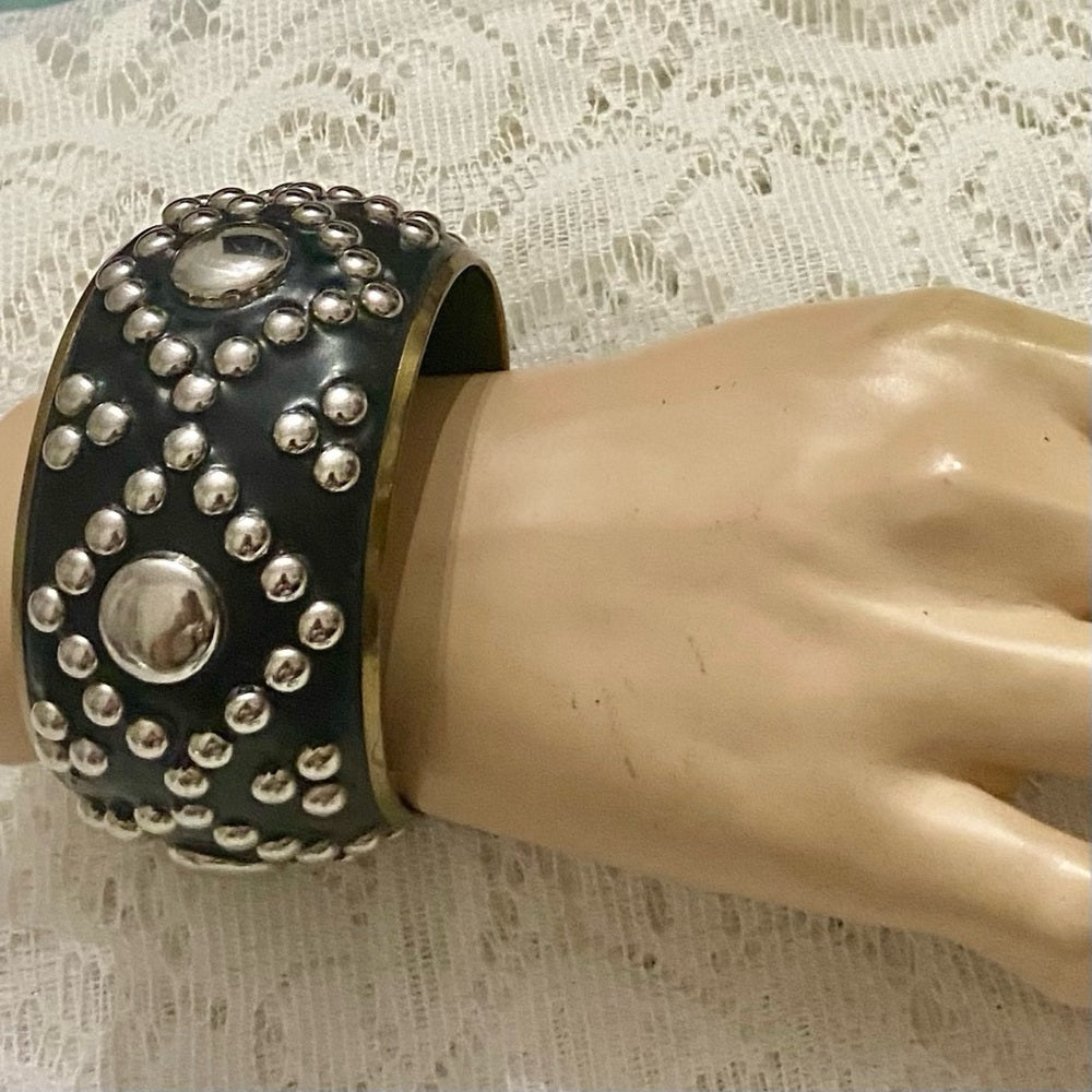 Lot of 2 Vintage Chunky Black and Gold Dotted Bangle and Silver Hinged Bracelet