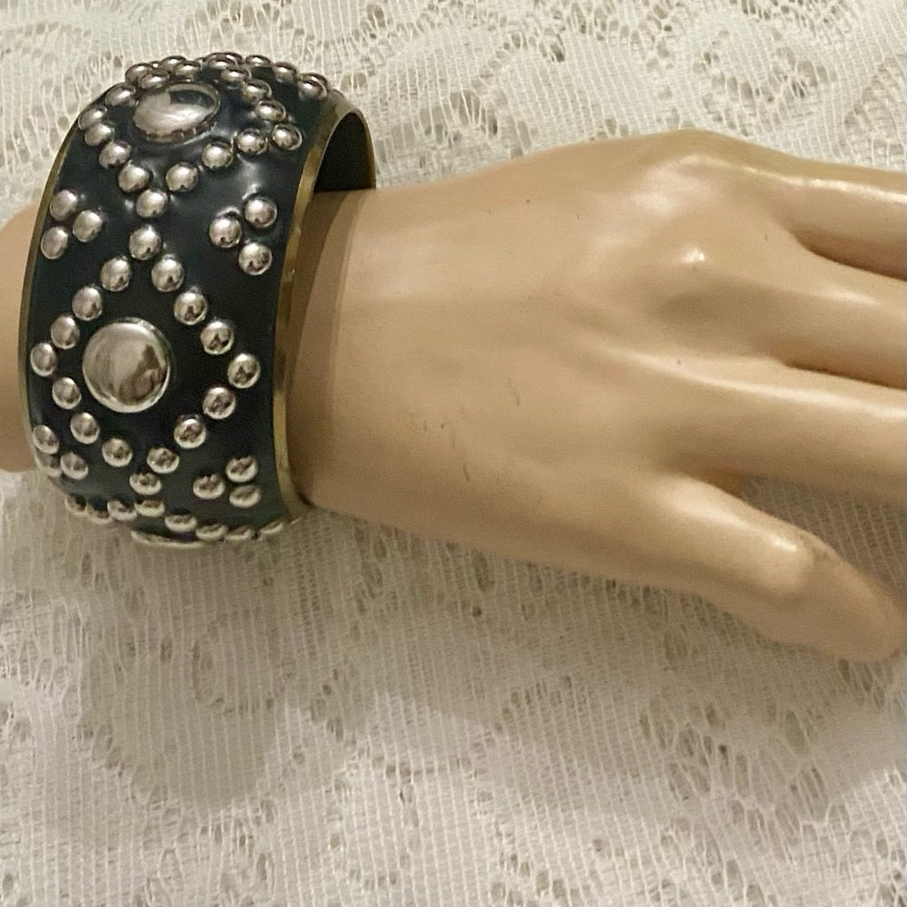 Lot of 2 Vintage Chunky Black and Gold Dotted Bangle and Silver Hinged Bracelet