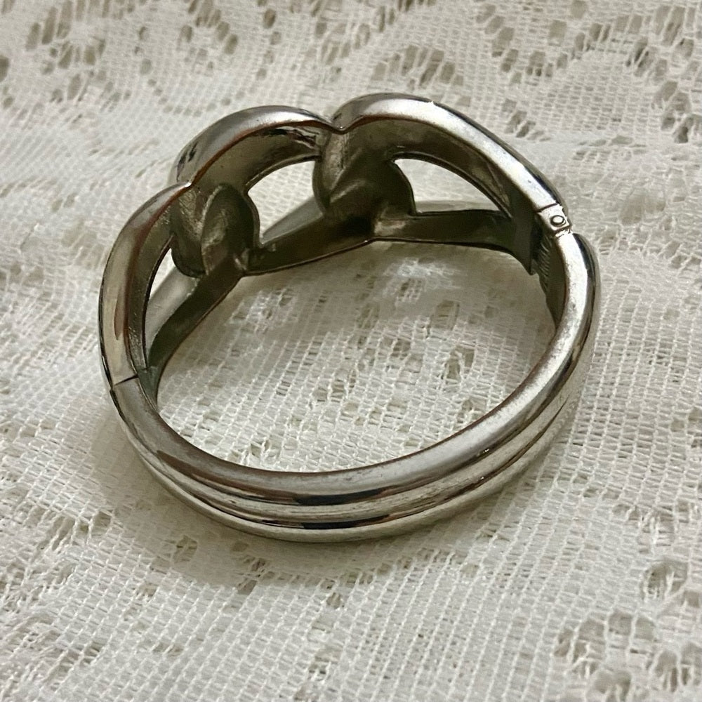Lot of 2 Vintage Chunky Black and Gold Dotted Bangle and Silver Hinged Bracelet