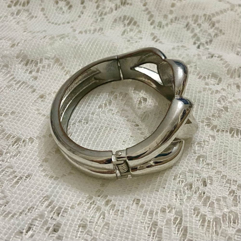 Lot of 2 Vintage Chunky Black and Gold Dotted Bangle and Silver Hinged Bracelet