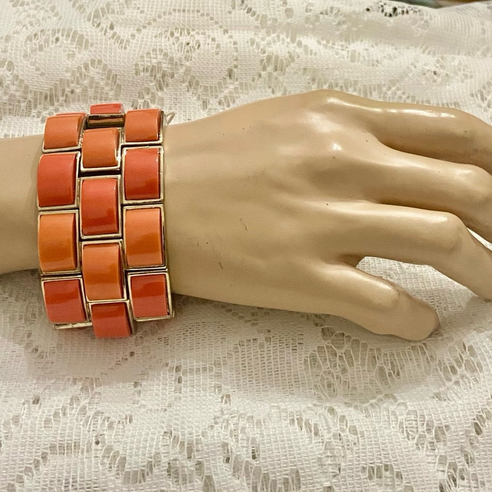 Lot of 2 Vintage Chunky, Orange Stretchable Link and Orange Enamel Hinged Bangle