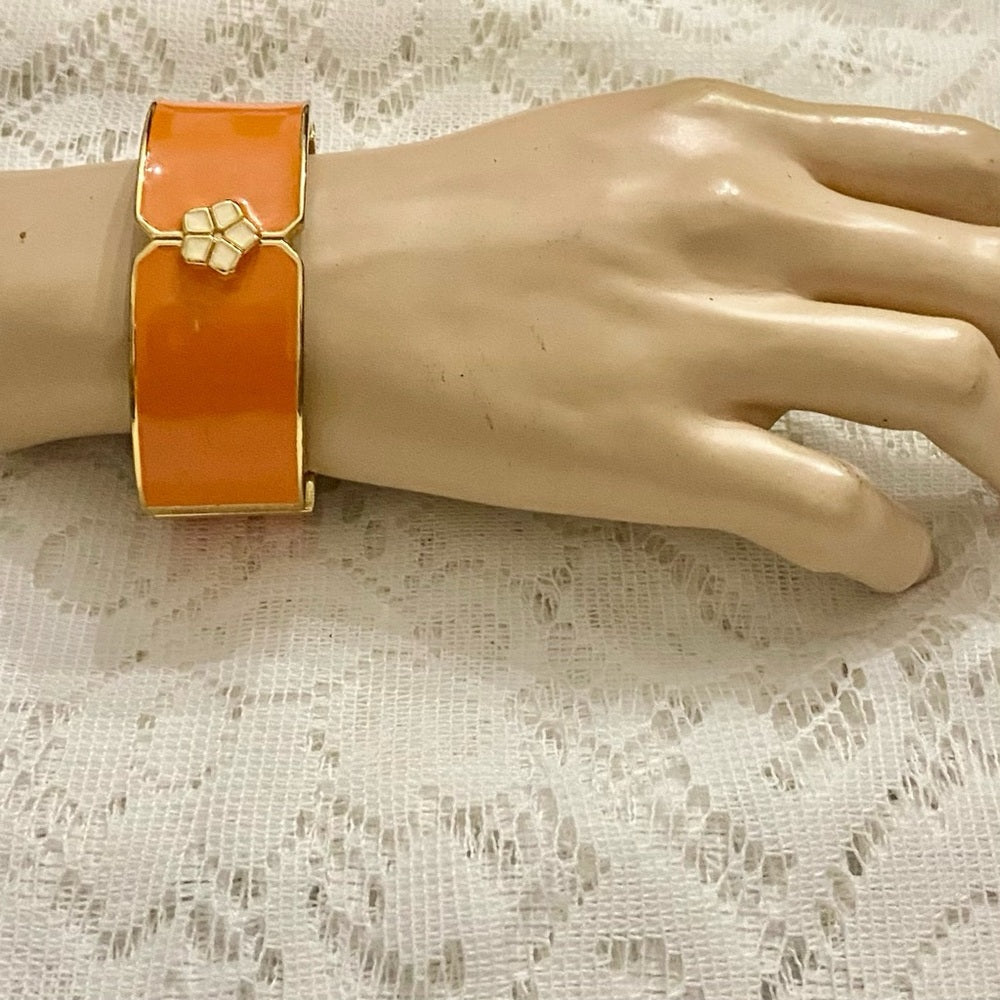 Lot of 2 Vintage Chunky, Orange Stretchable Link and Orange Enamel Hinged Bangle