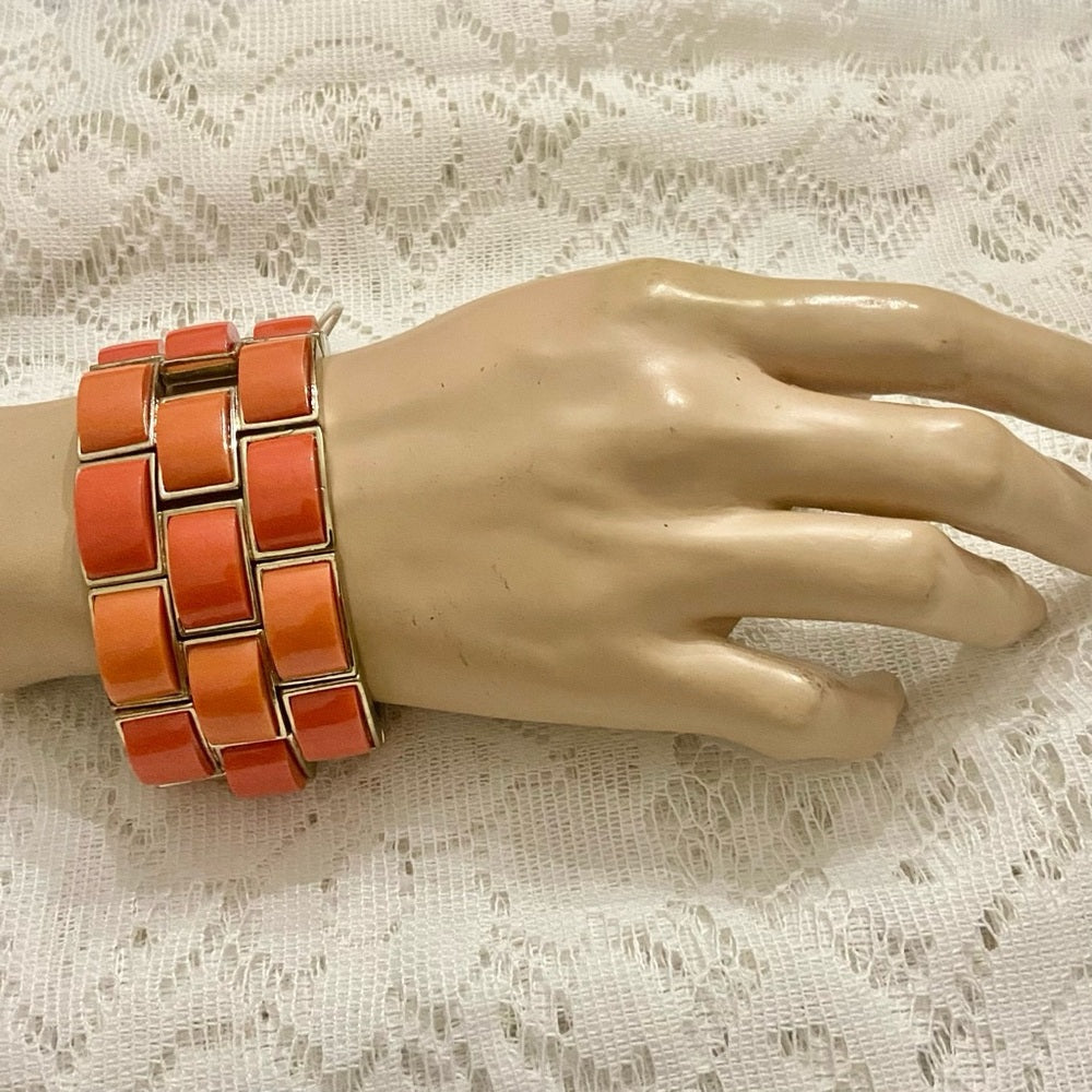 Lot of 2 Vintage Chunky, Orange Stretchable Link and Orange Enamel Hinged Bangle