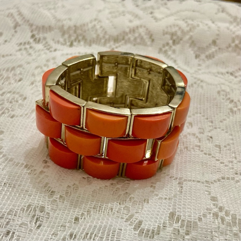 Lot of 2 Vintage Chunky, Orange Stretchable Link and Orange Enamel Hinged Bangle