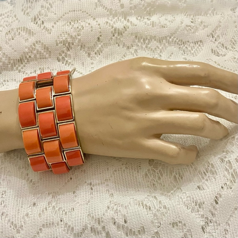 Lot of 2 Vintage Chunky, Orange Stretchable Link and Orange Enamel Hinged Bangle
