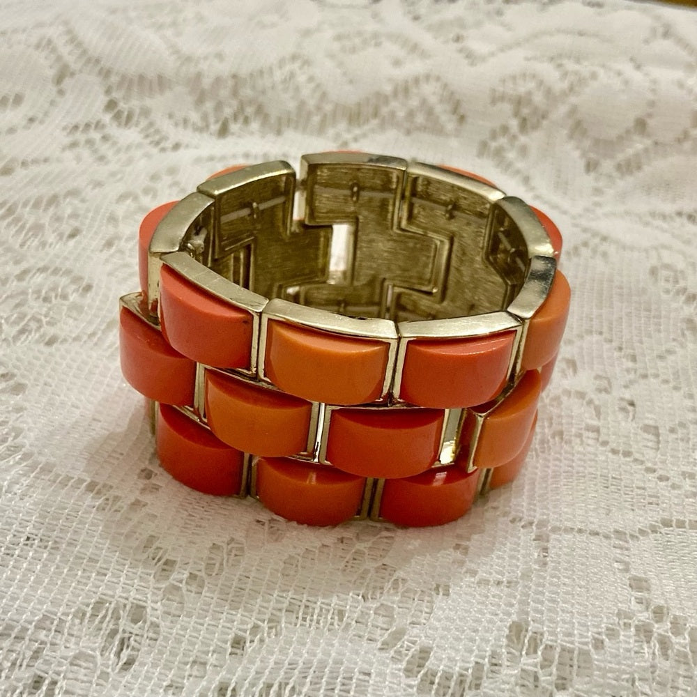 Lot of 2 Vintage Chunky, Orange Stretchable Link and Orange Enamel Hinged Bangle