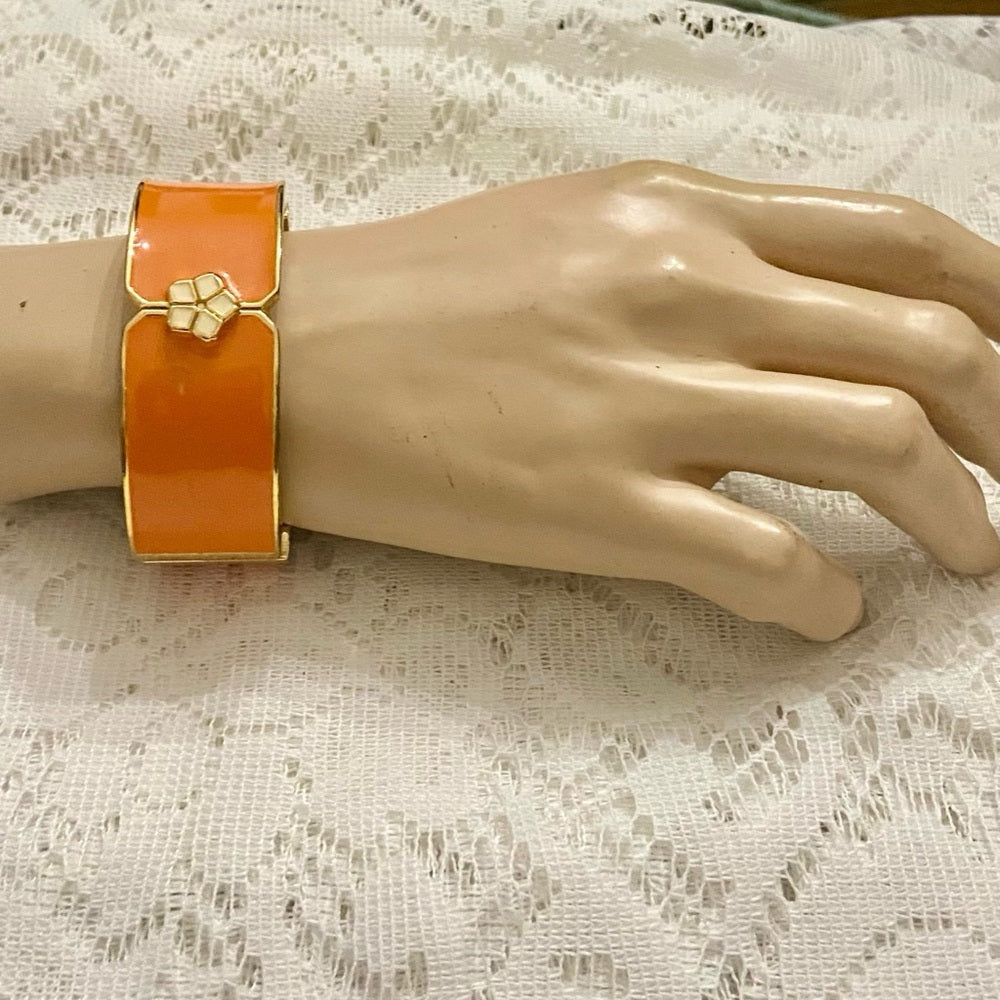Lot of 2 Vintage Chunky, Orange Stretchable Link and Orange Enamel Hinged Bangle