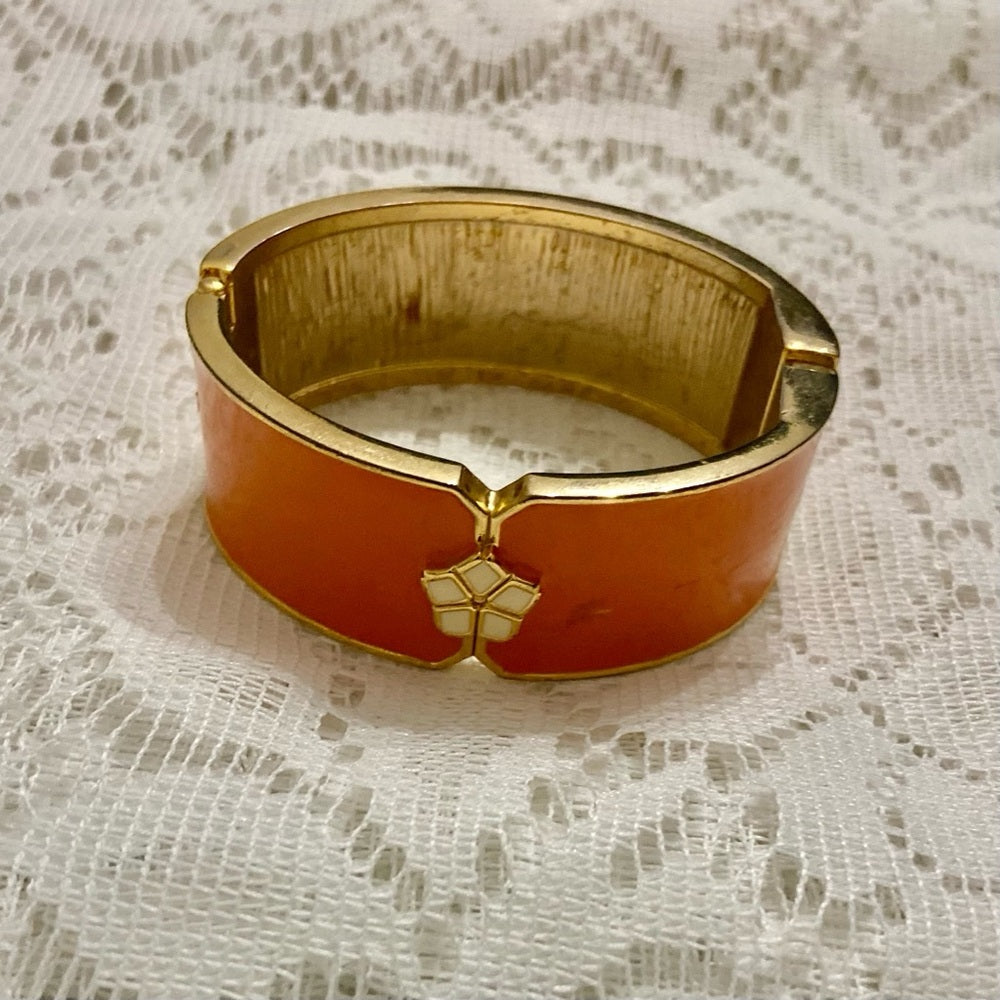 Lot of 2 Vintage Chunky, Orange Stretchable Link and Orange Enamel Hinged Bangle