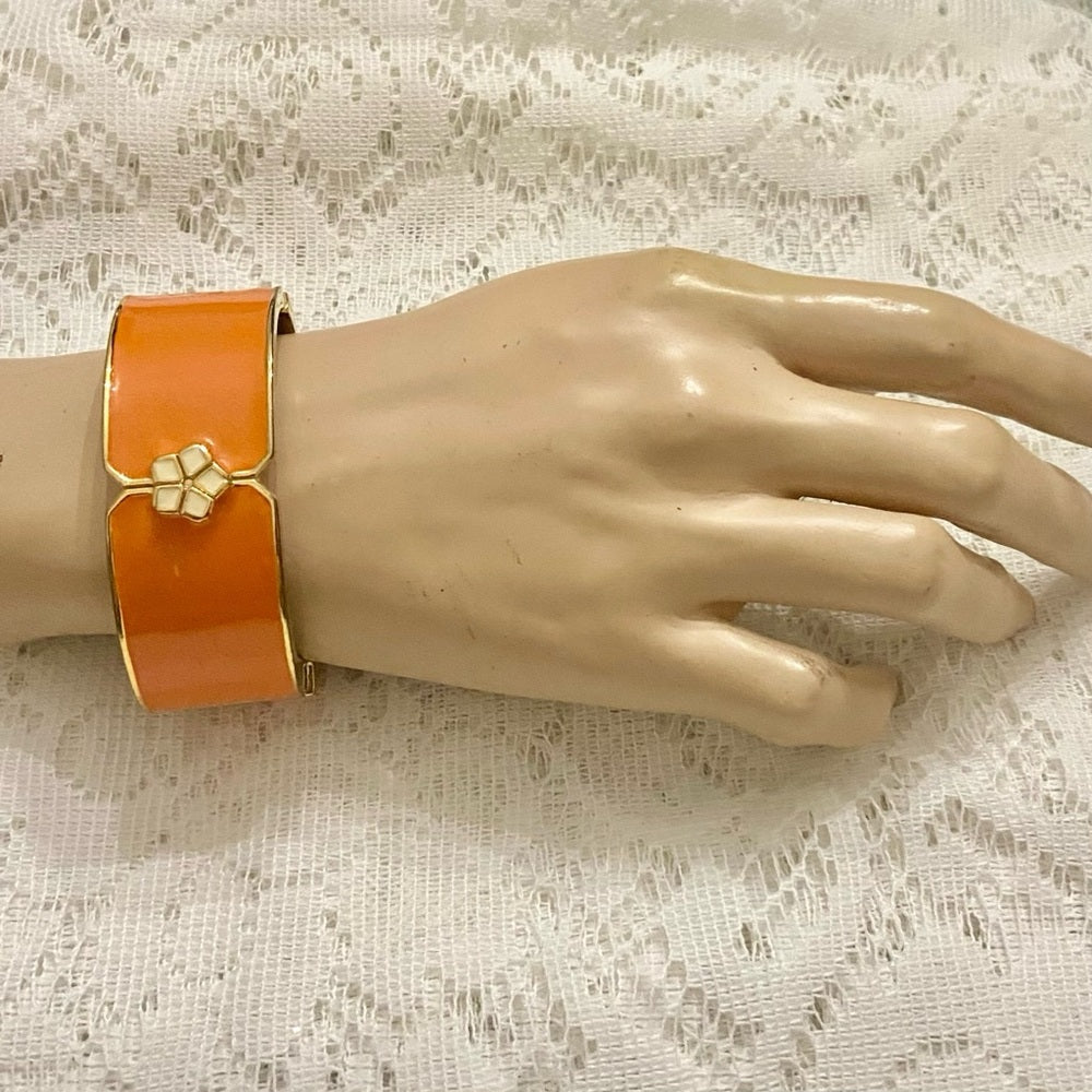 Lot of 2 Vintage Chunky, Orange Stretchable Link and Orange Enamel Hinged Bangle