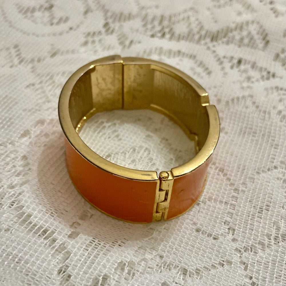 Lot of 2 Vintage Chunky, Orange Stretchable Link and Orange Enamel Hinged Bangle
