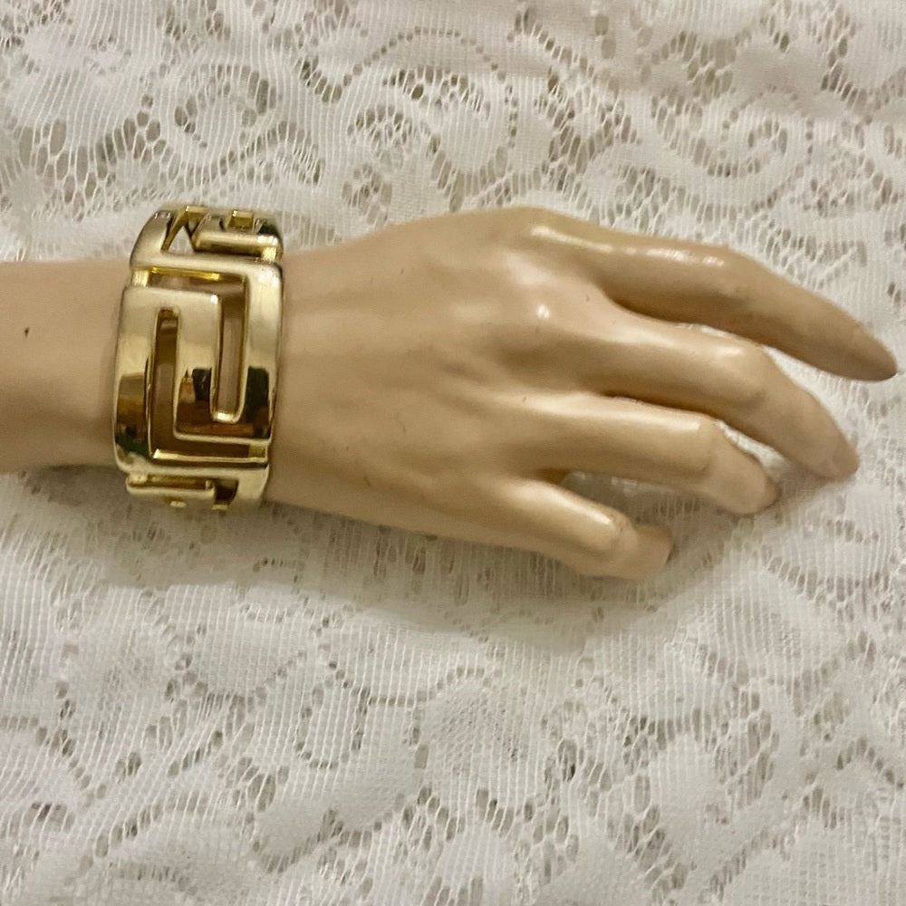 Lot of 2 Vintage Chunky, Gold Tone Greek Key Hinged and Stretchable Bracelet