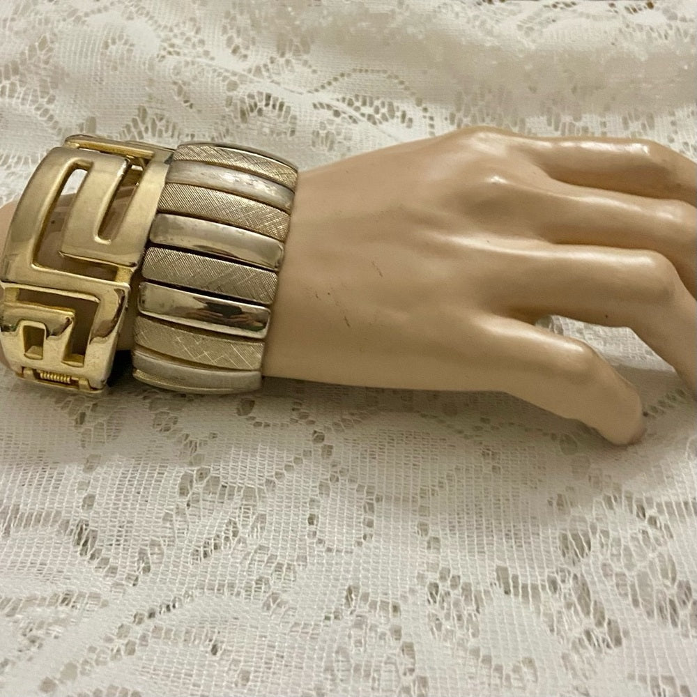 Lot of 2 Vintage Chunky, Gold Tone Greek Key Hinged and Stretchable Bracelet