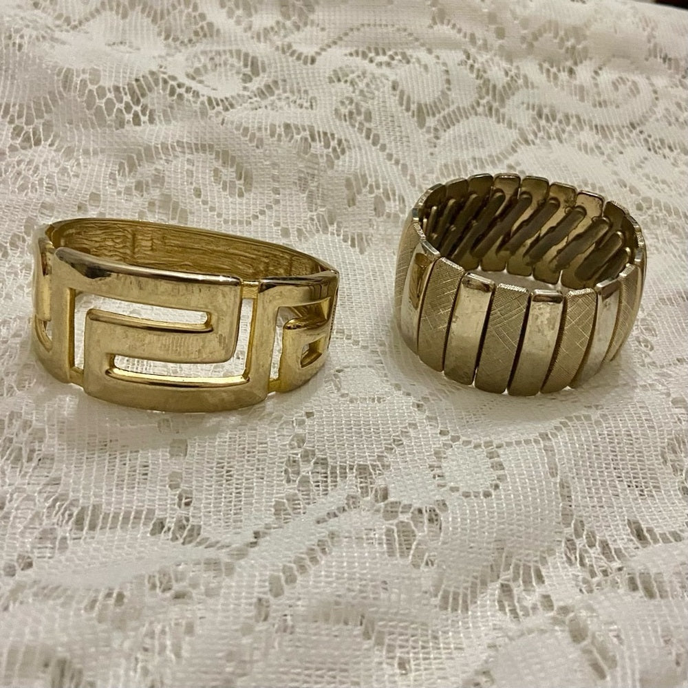 Lot of 2 Vintage Chunky, Gold Tone Greek Key Hinged and Stretchable Bracelet