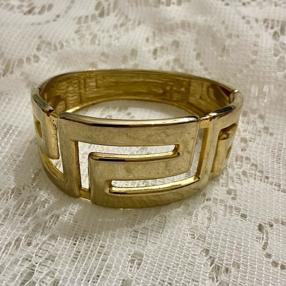 Lot of 2 Vintage Chunky, Gold Tone Greek Key Hinged and Stretchable Bracelet