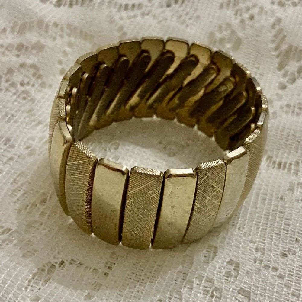 Lot of 2 Vintage Chunky, Gold Tone Greek Key Hinged and Stretchable Bracelet