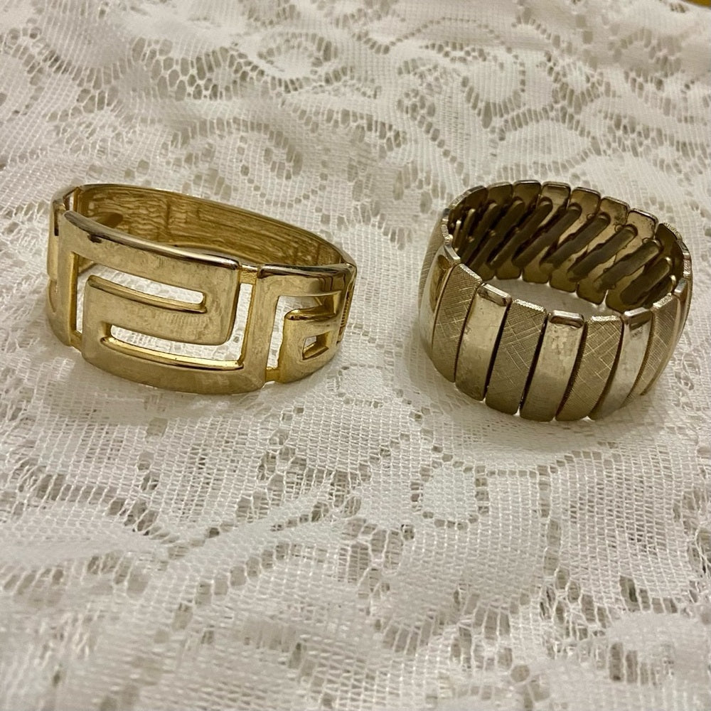 Lot of 2 Vintage Chunky, Gold Tone Greek Key Hinged and Stretchable Bracelet