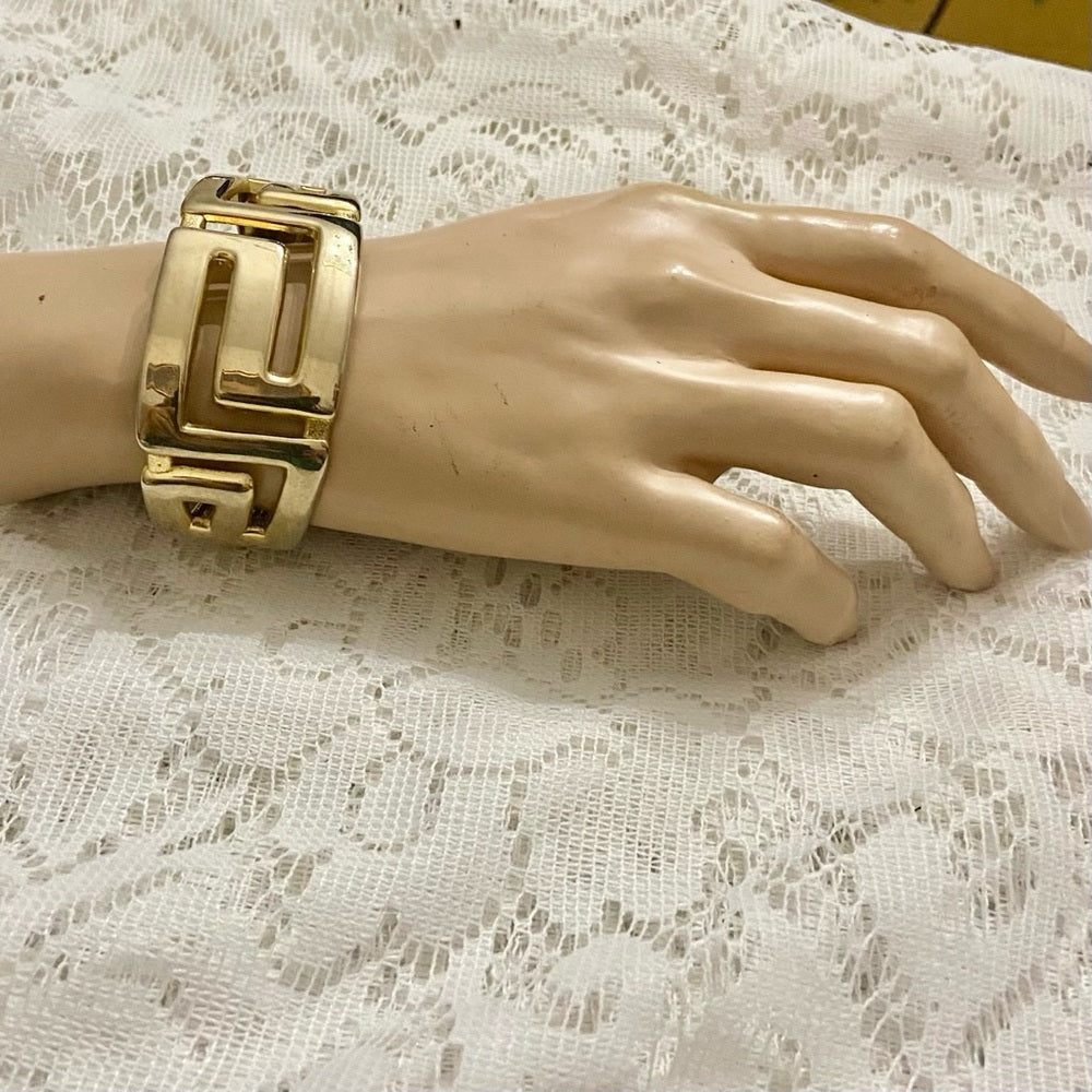 Lot of 2 Vintage Chunky, Gold Tone Greek Key Hinged and Stretchable Bracelet