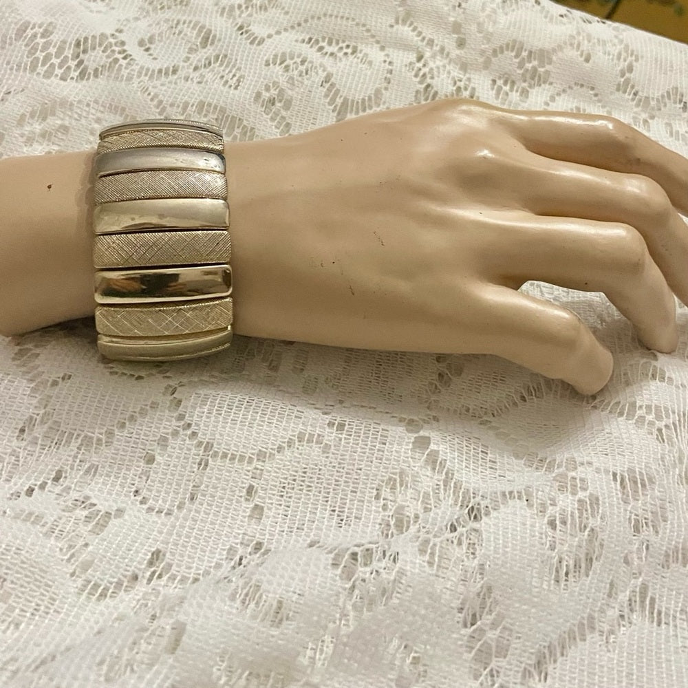 Lot of 2 Vintage Chunky, Gold Tone Greek Key Hinged and Stretchable Bracelet