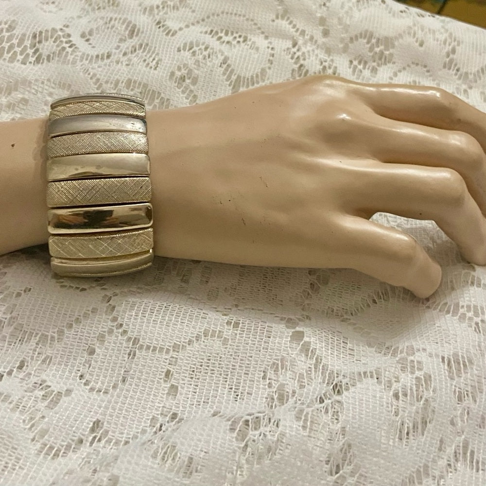 Lot of 2 Vintage Chunky, Gold Tone Greek Key Hinged and Stretchable Bracelet