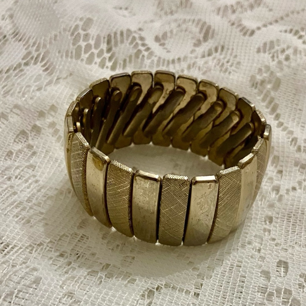 Lot of 2 Vintage Chunky, Gold Tone Greek Key Hinged and Stretchable Bracelet