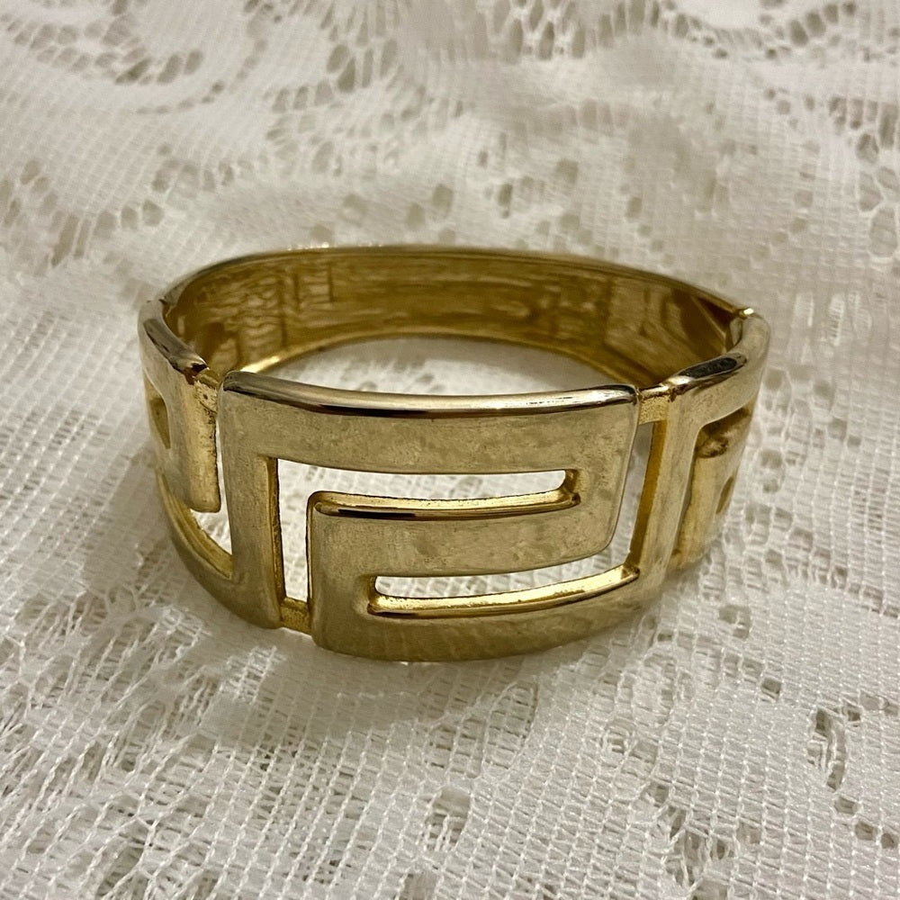 Lot of 2 Vintage Chunky, Gold Tone Greek Key Hinged and Stretchable Bracelet