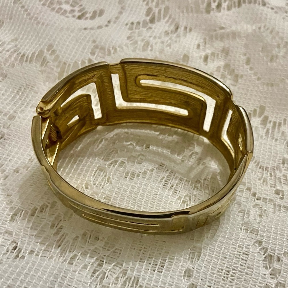 Lot of 2 Vintage Chunky, Gold Tone Greek Key Hinged and Stretchable Bracelet