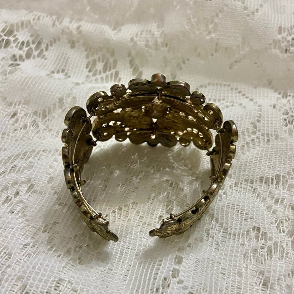 Lot of 2 Vintage Chunky, Beige Floral Hinged and Gold Tone Paisley Cuff Bangle