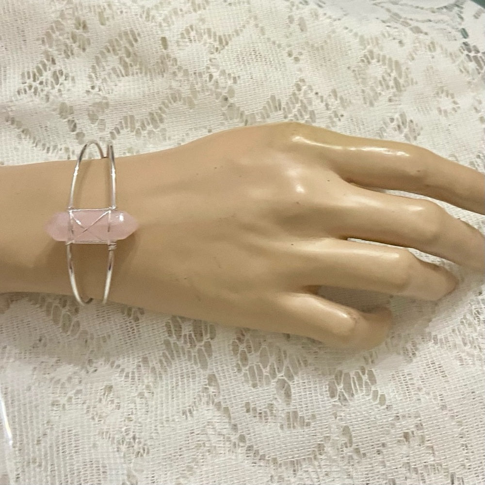 Lot of 2 Vintage Silver Tone Bracelets- Rodan Fields and Pink Agate Cuff Bangle