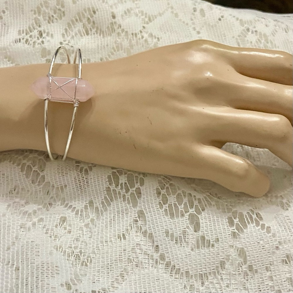 Lot of 2 Vintage Silver Tone Bracelets- Rodan Fields and Pink Agate Cuff Bangle
