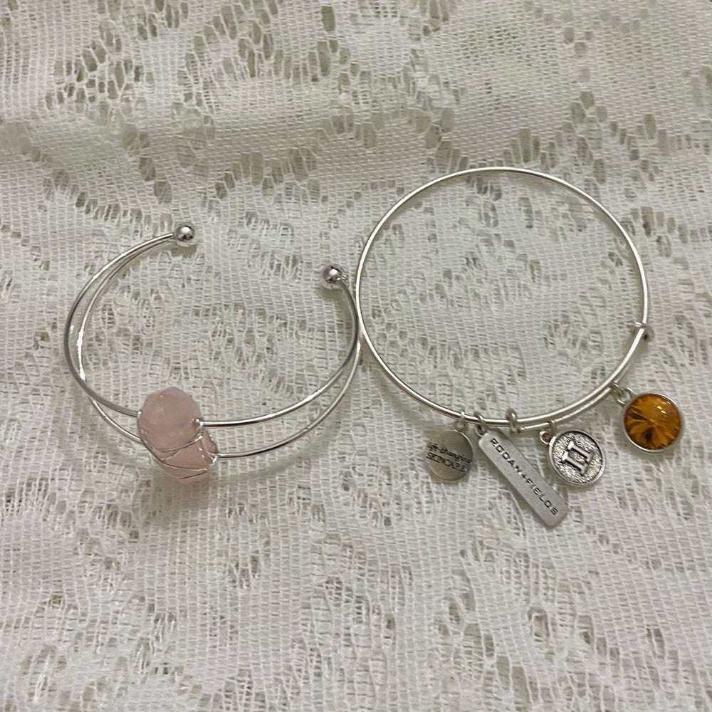 Lot of 2 Vintage Silver Tone Bracelets- Rodan Fields and Pink Agate Cuff Bangle