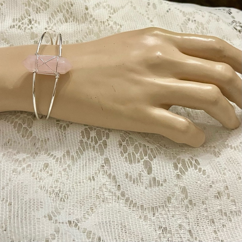 Lot of 2 Vintage Silver Tone Bracelets- Rodan Fields and Pink Agate Cuff Bangle