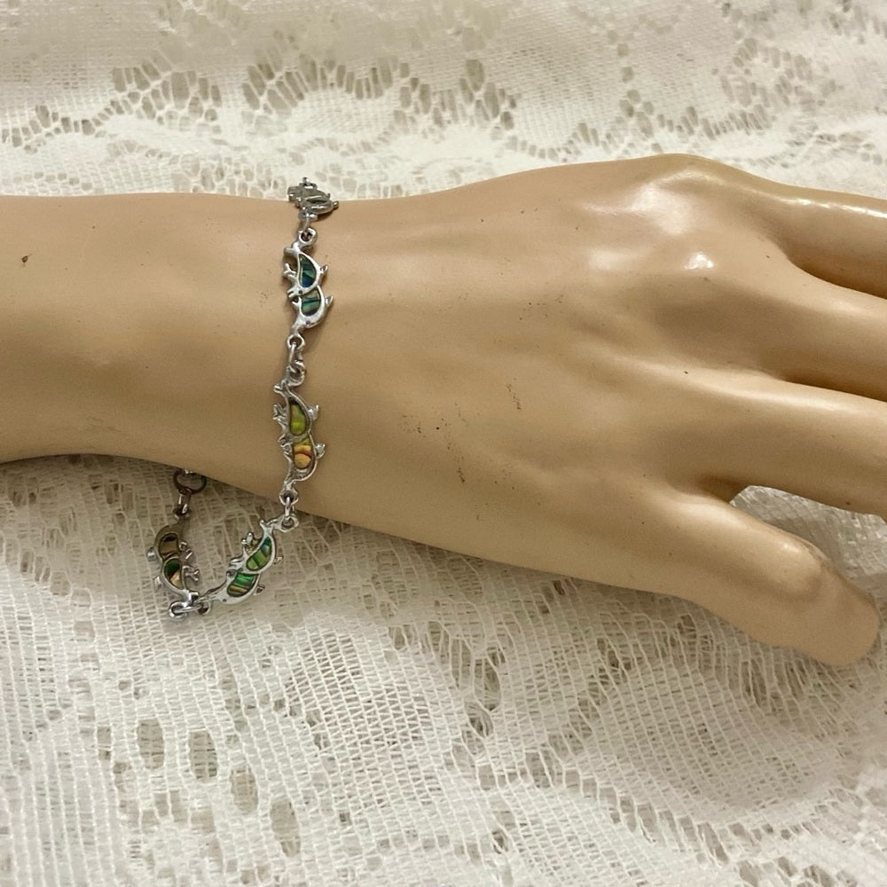Lot of 3 Vintage Silver Tone Abalone Bracelets- Butterfly, Footprints and Dolphi