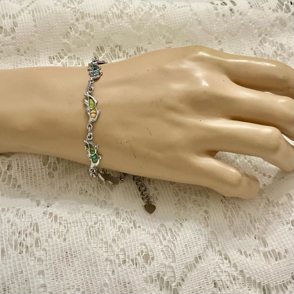 Lot of 3 Vintage Silver Tone Abalone Bracelets- Butterfly, Footprints and Dolphi