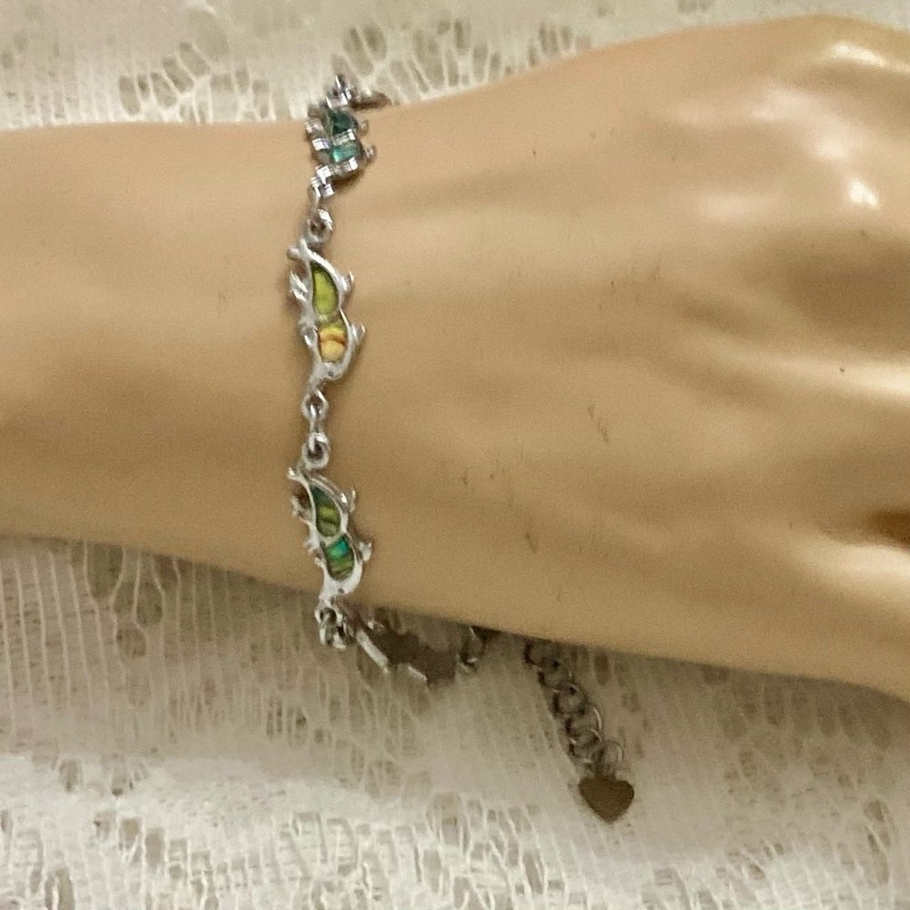 Lot of 3 Vintage Silver Tone Abalone Bracelets- Butterfly, Footprints and Dolphi