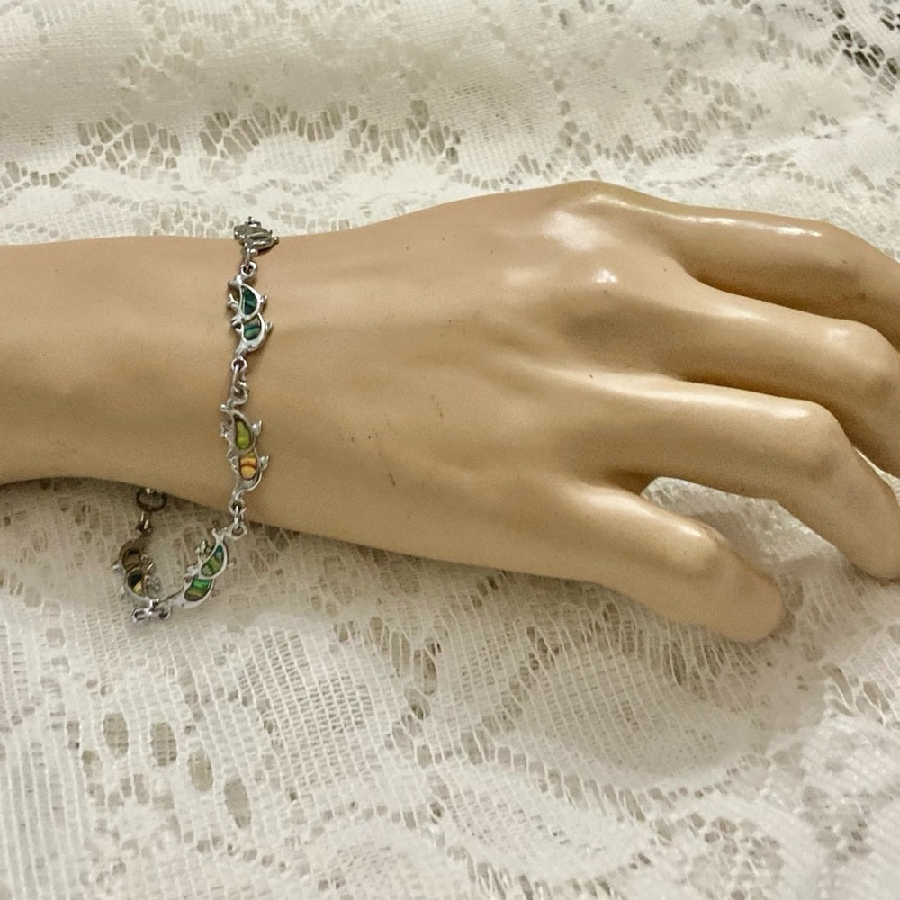 Lot of 3 Vintage Silver Tone Abalone Bracelets- Butterfly, Footprints and Dolphi
