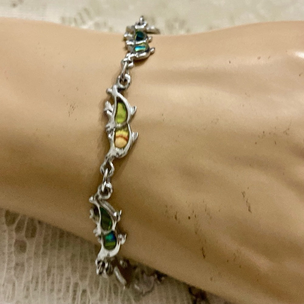 Lot of 3 Vintage Silver Tone Abalone Bracelets- Butterfly, Footprints and Dolphi
