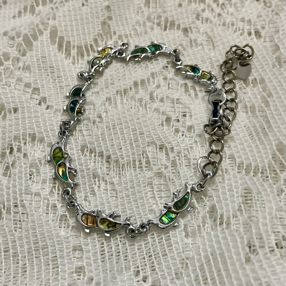 Lot of 3 Vintage Silver Tone Abalone Bracelets- Butterfly, Footprints and Dolphi