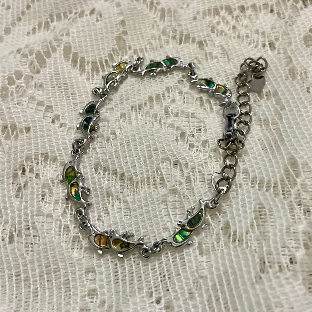 Lot of 3 Vintage Silver Tone Abalone Bracelets- Butterfly, Footprints and Dolphi