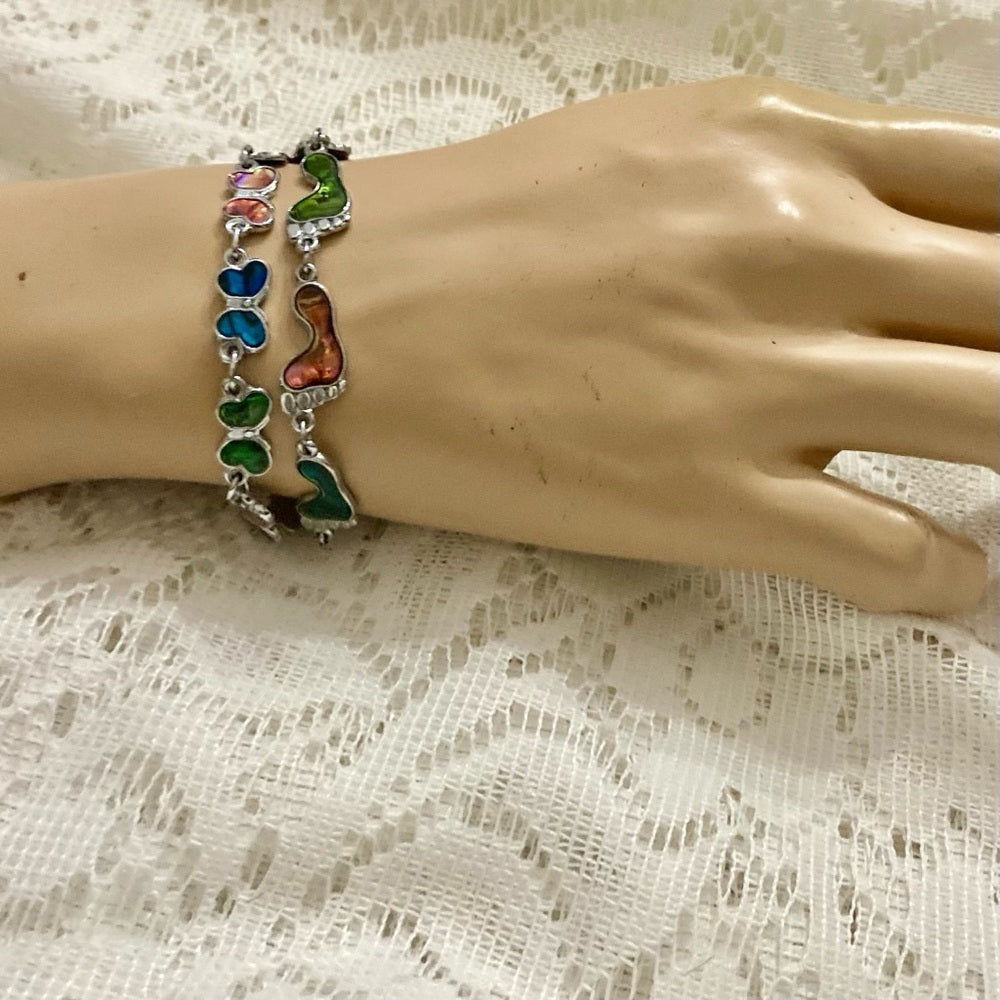 Lot of 3 Vintage Silver Tone Abalone Bracelets- Butterfly, Footprints and Dolphi