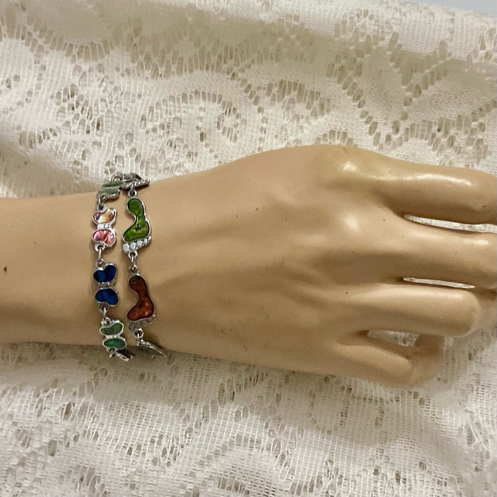 Lot of 3 Vintage Silver Tone Abalone Bracelets- Butterfly, Footprints and Dolphi