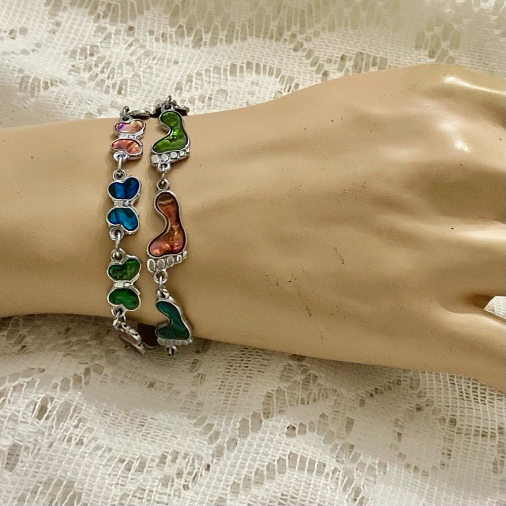 Lot of 3 Vintage Silver Tone Abalone Bracelets- Butterfly, Footprints and Dolphi